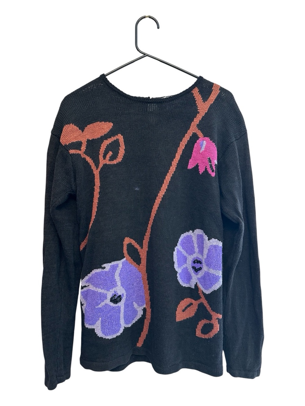 90’s Vintage Andrea Gale Black Crewneck Sweater w/ Purple & Pink Floral Motif S